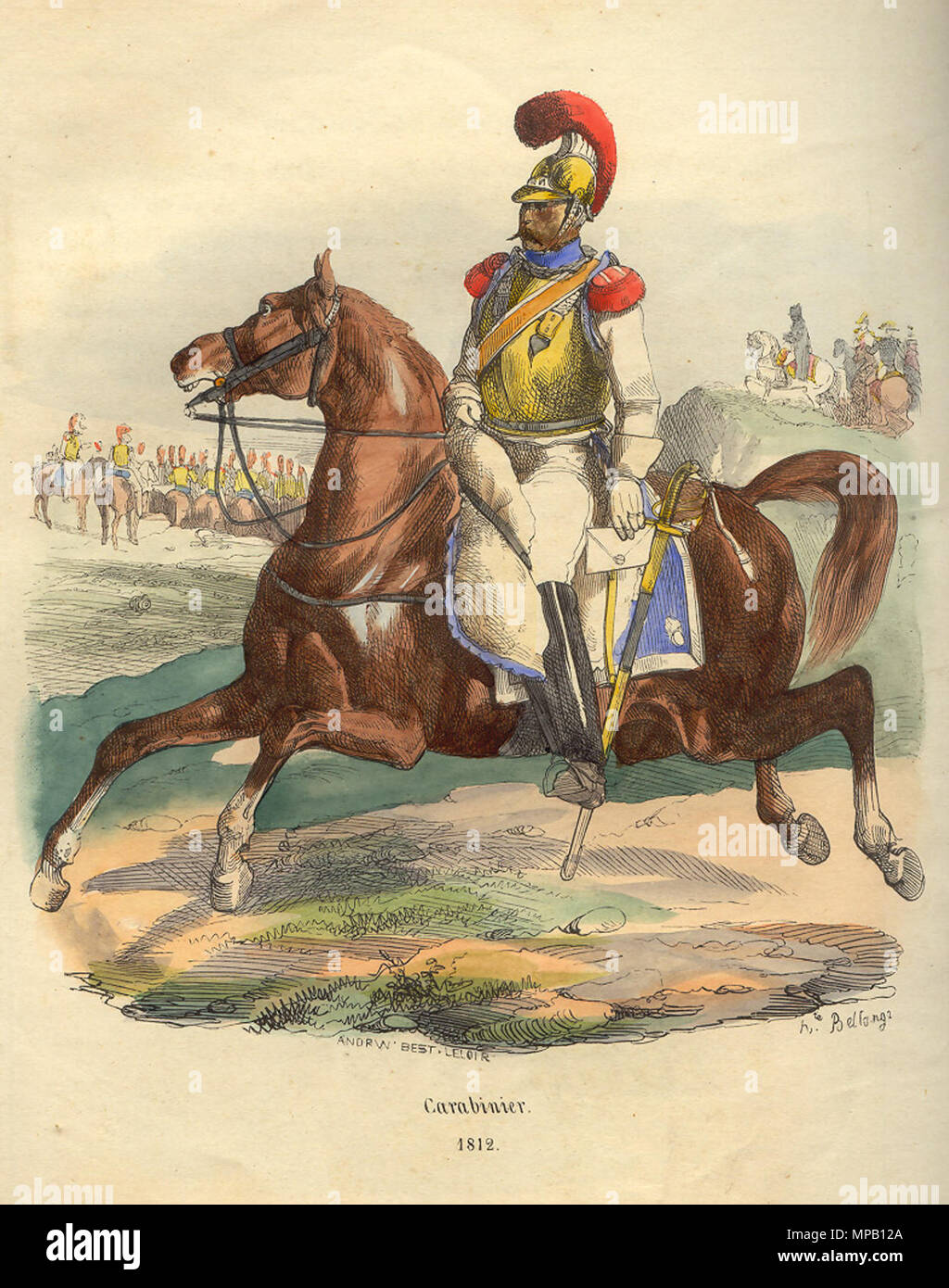 . French carabiner (heavy cavalry) of Napoleon's troops. From book ofP.-M. Laurent de L`Ardeche «Histoire de Napoleon», 1843 . 1843.   Hippolyte Bellangé  (1800–1866)     Alternative names Joseph-Louis-Hippolyte Bellangé  Description French painter and lithographer  Date of birth/death 17 January 1800 10 April 1866  Location of birth/death Paris Paris  Work location Paris (1818 - 1866); Rouen (1837 - 1854)  Authority control  : Q3136027 VIAF: 22241299 ISNI: 0000 0001 0837 3002 ULAN: 500015839 LCCN: no96041887 GND: 124332722 WorldCat 917 Napoleon Carabiner of 1812 by Bellange Stock Photo